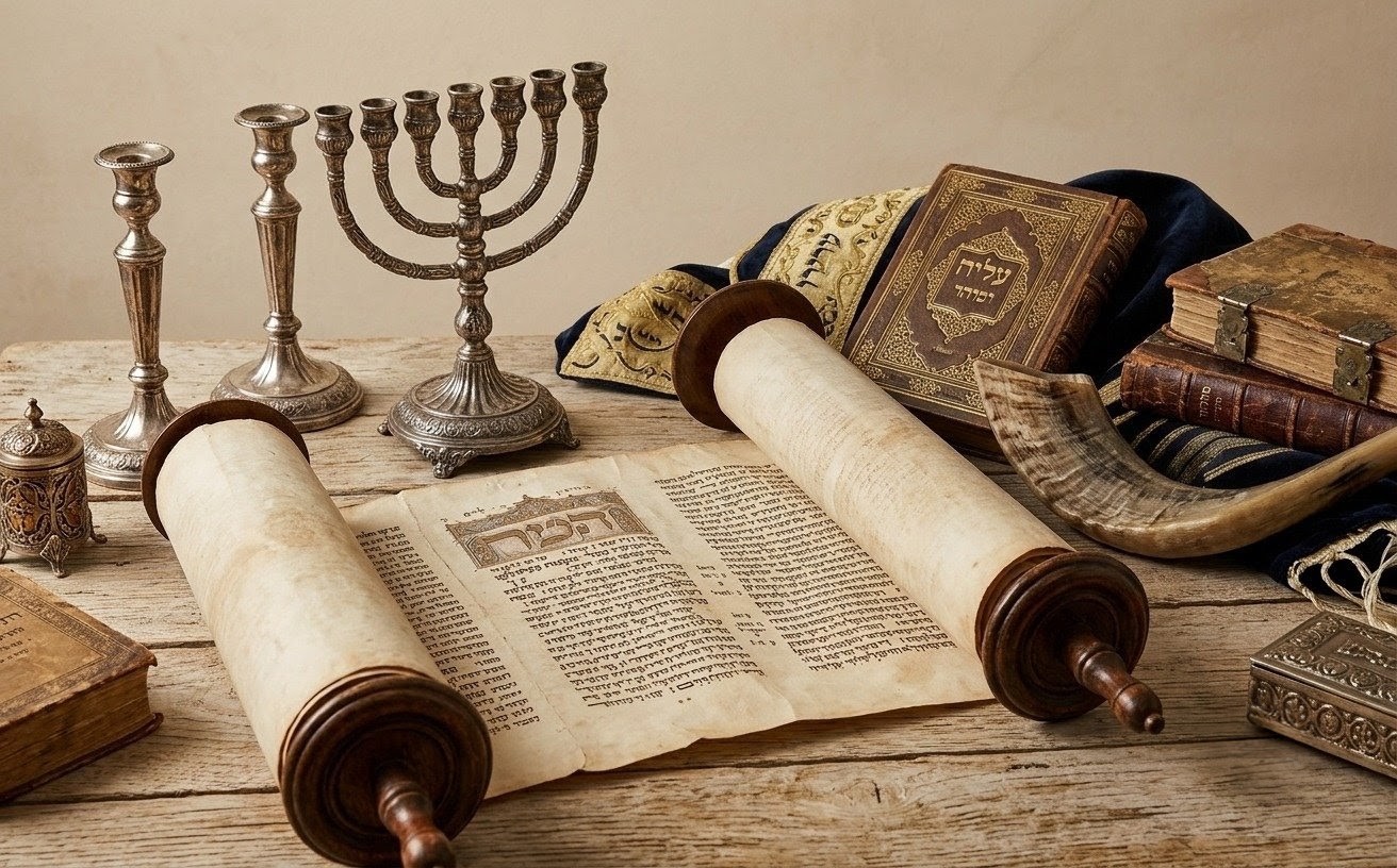 מנורה, פמוטי כסף, ספר תורה ושופר — חפצי קודש עתיקים