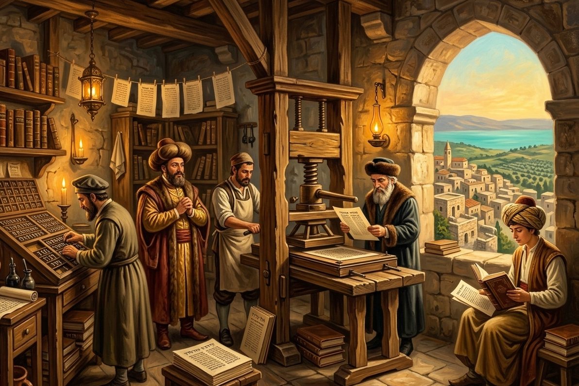 איור: בית הדפוס העברי בצפת, 1577. המדפיס בוחן גיליון טרי ליד מכבש העץ, סדר אותיות ליד תיבת האותיות, מלומד צעיר קורא בדפים הראשונים, ובחלון נוף צפת והכנרת