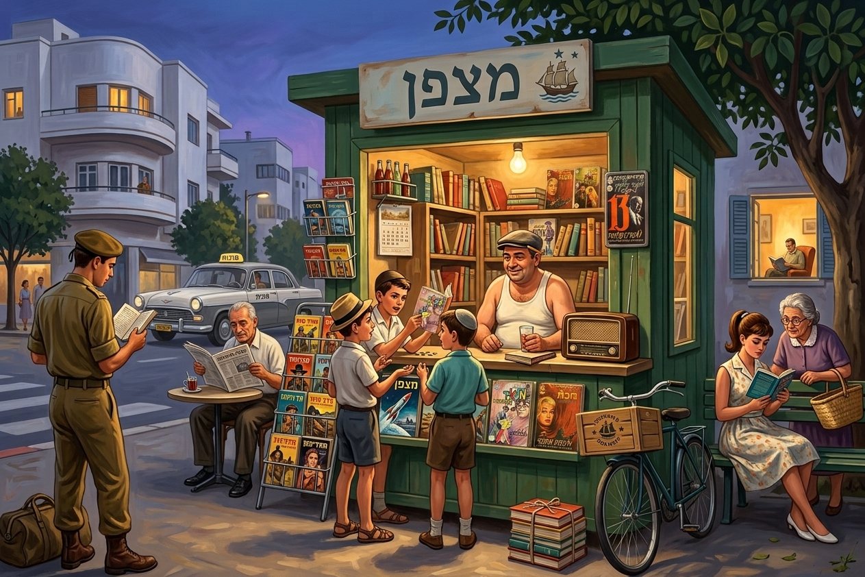 איור: קיוסק ספרים של הוצאת מצפן ברחוב תל אביבי בתחילת שנות השישים, ילדים, חייל וקוראים סביבו